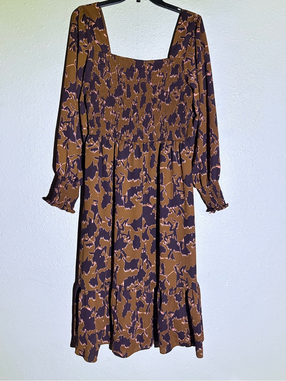 Nine West Brown and dark purple Floral Smocked Midi Dress with Square Neck